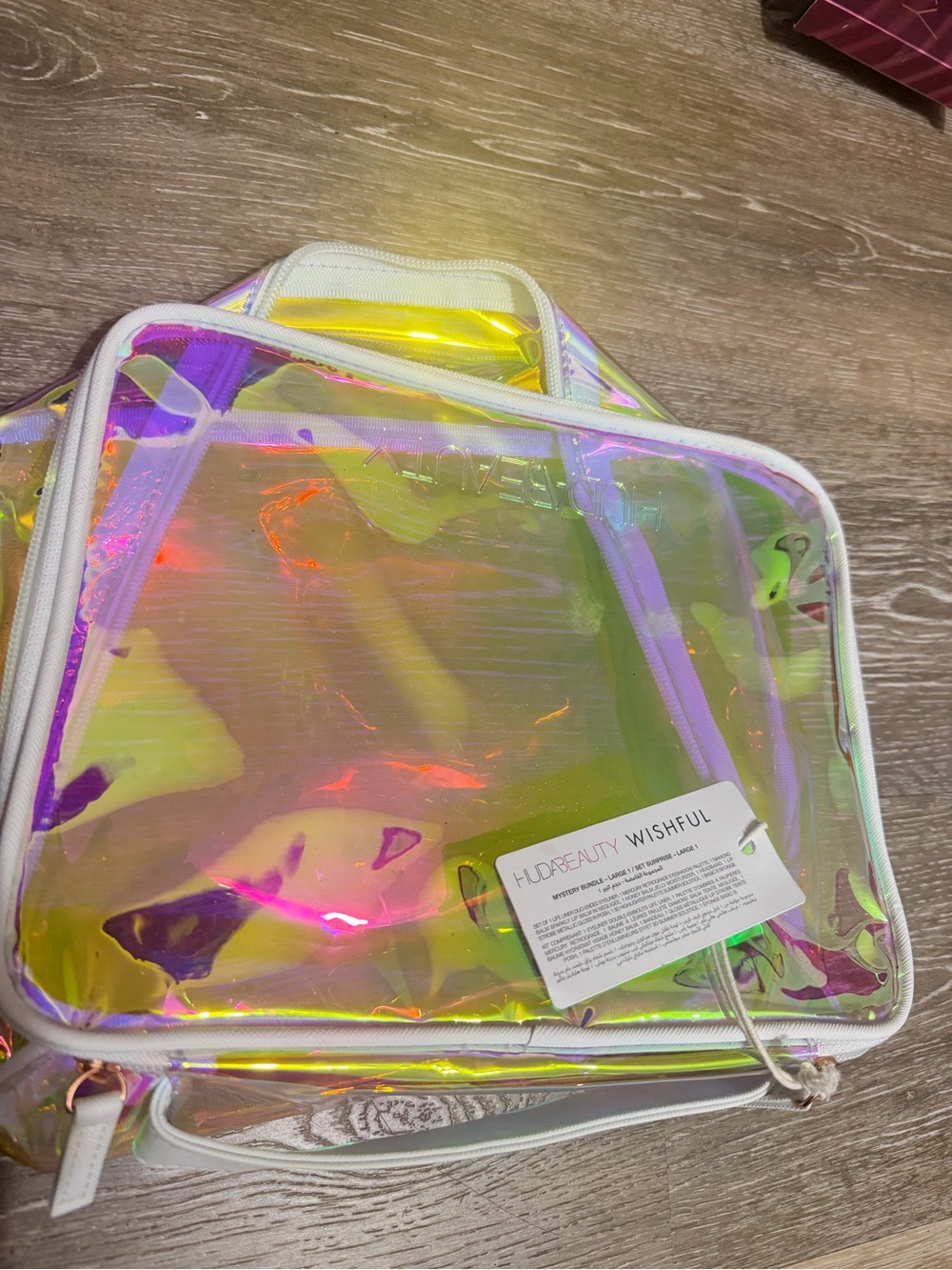 Holographic Iridescent Clear Makeup Bag - White Trim Huda Beauty